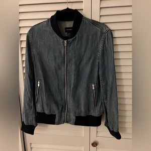 Club Monaco Blue Jean Jacket with Black Ribbed Trim. Tagged SP